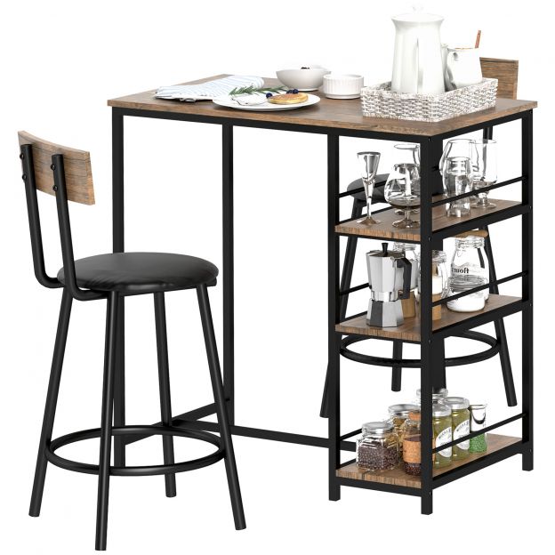 Baarilaud koos baaripukkidega, 3-osaline baarilaudade komplekt koos köögilauaga, 3 riiulit, 2 baaripukki, modernses stiilis söögikomplekt söögituppa, kööki, teras, tamm