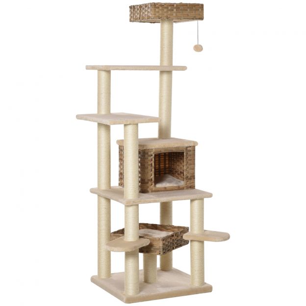 Rattan kraapimispuu, H174 cm, XXL kassipuu koos kassikasti, istmeplatvormide, kassikoopa, sisali, beeži+pruuni värviga| Aosom