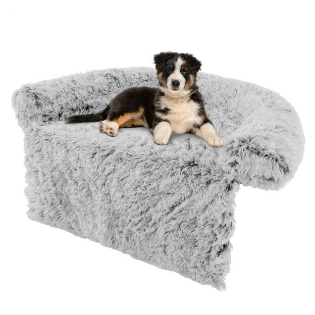 Plüüsist koeravoodi libisemiskindla põhja, eemaldatava pestava katte ja pehme kaelapadjaga, keskmine 112 × 101 cm, hall-valge