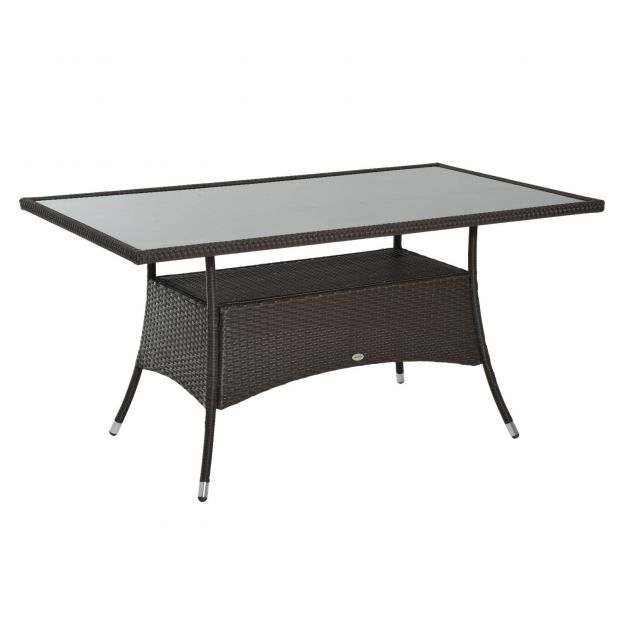 Söögilaud Aialaud Polürotang Klaaslaud 150x85x74cm, turvaklaas Pruun Must, ideaalne aeda ja terrassile.