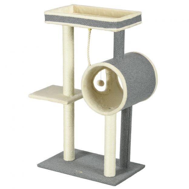 Kassipuu 104 cm kassipuu koos kassikoopaga, kassikraapimispuu mängupalliga, kassipuu 2 lamamispinnaga, ronimispuu kassidele kuni 5 kg, kassimööbel, sisal, hall