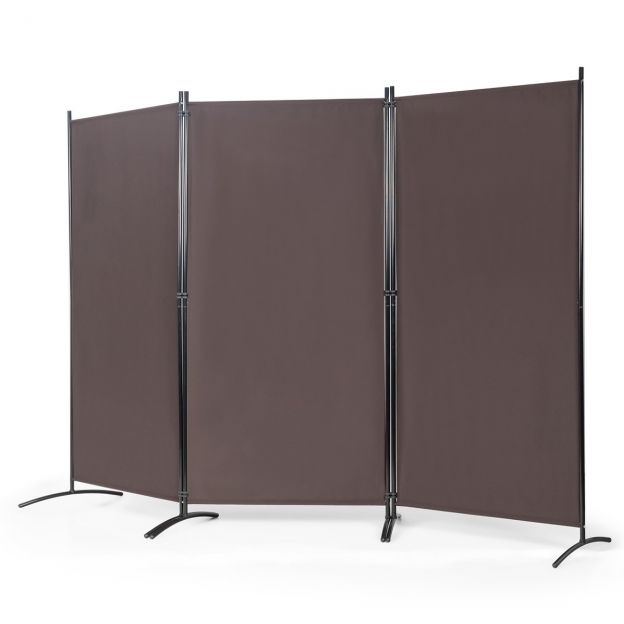 3-paneeliline ruumijagaja tugevate hingede ja terasest alusega, vabaltseisev privaatsusesein 260 × 183 cm, kohvipruun