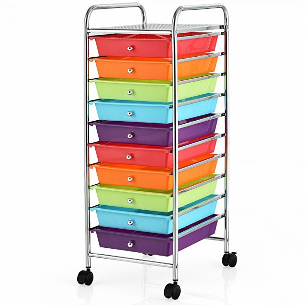 Riiulikäru Ratastega Riiul Abikäru 10 sahtliga 33 x 37 x 86 cm Punane + Lilla