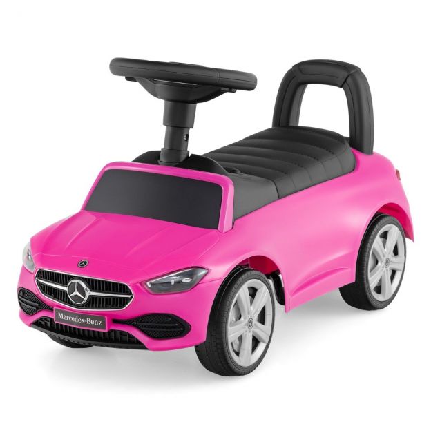 Mercedes-Benzi litsentseeritud sõidumänguasi rooliga ja panipaigaga, roosa lükatav jooksuauto