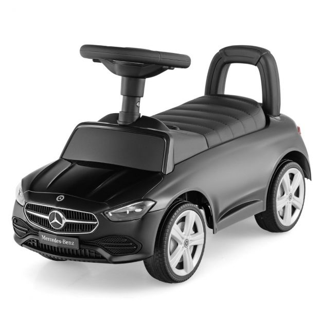 Mercedes-Benzi litsentseeritud sõidumänguasi rooliratta ja panipaigaga lükatav auto must