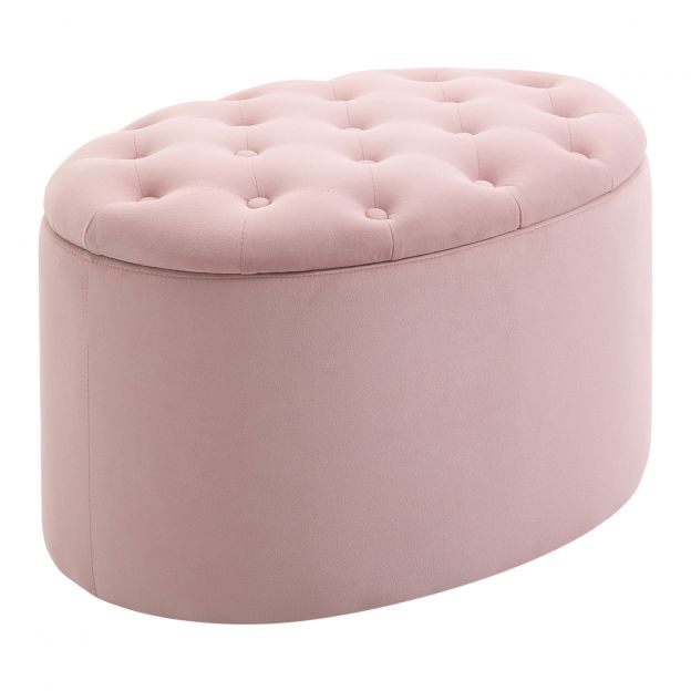 Roosa polsterpink, millel on hoiuruum, 71x52x42cm, sametilaadne polüester ja kummipuu, ovaalne kuju elutuppa.