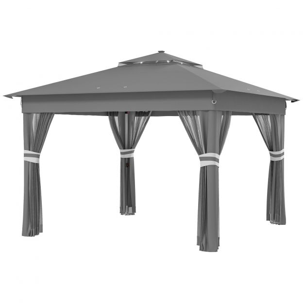 Kokkupandav paviljon umbes 3 x 3 m, paviljon LED-iga, 4 võrkkardinat, külgsein, aiapaviljon veekotiga, kahekordne katus, kandekott, tumehall