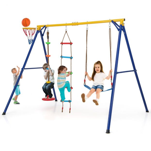 Kiigeraam elastse kiige ja taldrik-kiigega, 246 × 190 × 188 cm, kollane + sinine