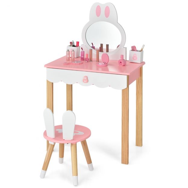 Laste meigilaua ja tabureti komplekt, printsessi tualettlaud 60 × 34 × 103 cm roosa + valge