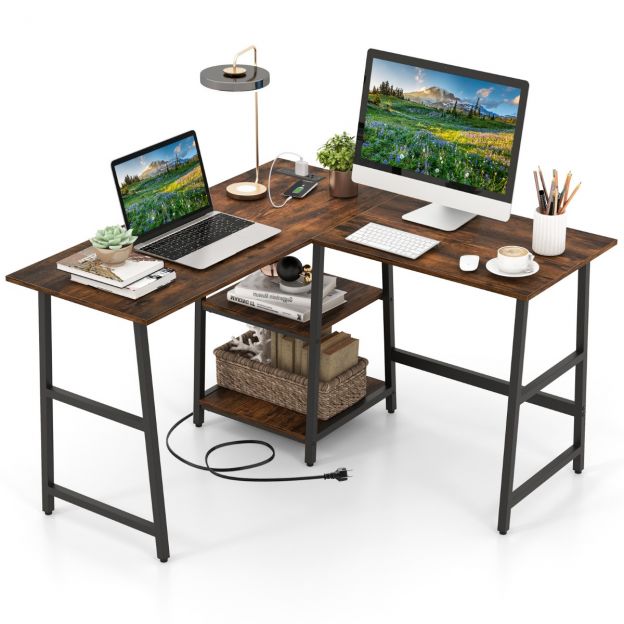 L-kujuline nurgalaud pistikupesade ja USB-pesadega 120 × 120 × 75 cm rustikaalne pruun