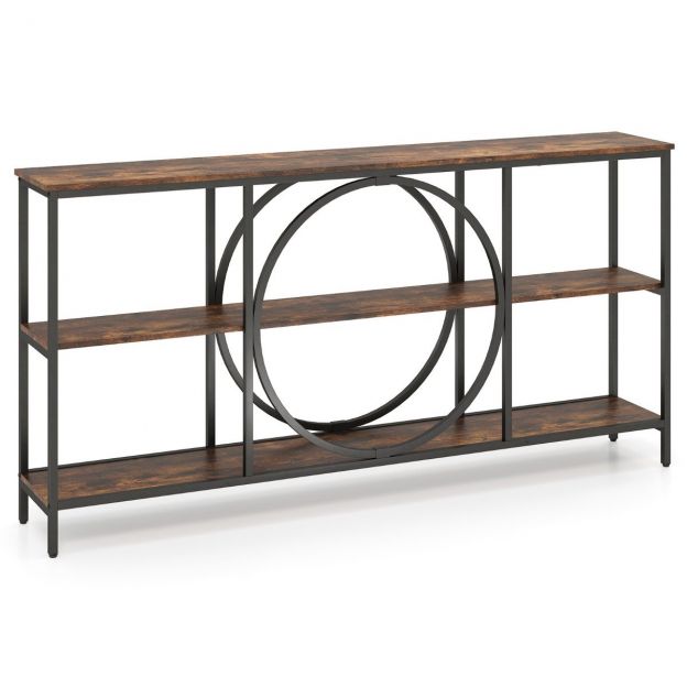 Kolmetasandiline konsoollaud Mid-Century stiilis, tugev metallraamiga esikulaud, pruun