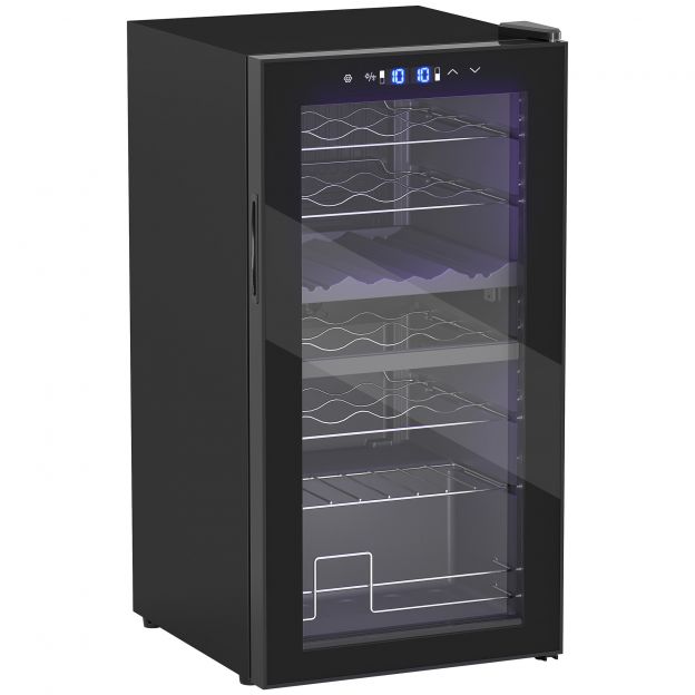 Veinikülmik 2 tsooni 28 pudelit 74L 5-18℃ kompressoriga joogikülmik LED-valgustusega, UV-kaitsega klaasuks, väike veiniriiul pudelikülmik puutetundliku ekraaniga must.