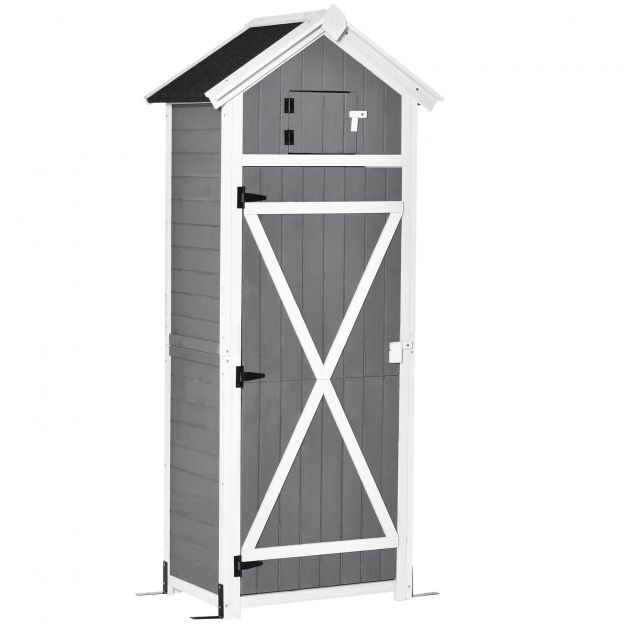 Aia kapp ukse ja katusega, puidust tööriistakuur, hall, 78x52,5x182cm, ideaalne aiavarustuse hoiustamiseks & kokkupandav laud.de