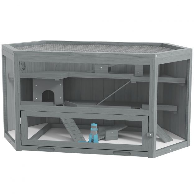 3-korruseline näriliste puur, 6-nurkne väikeloomade puur, puidust väikeloomade maja, hiirepuur, hamstripuur kokkupandava kaanega, vaateaken, kaldtee, 115 x 60 x 55 cm hall
