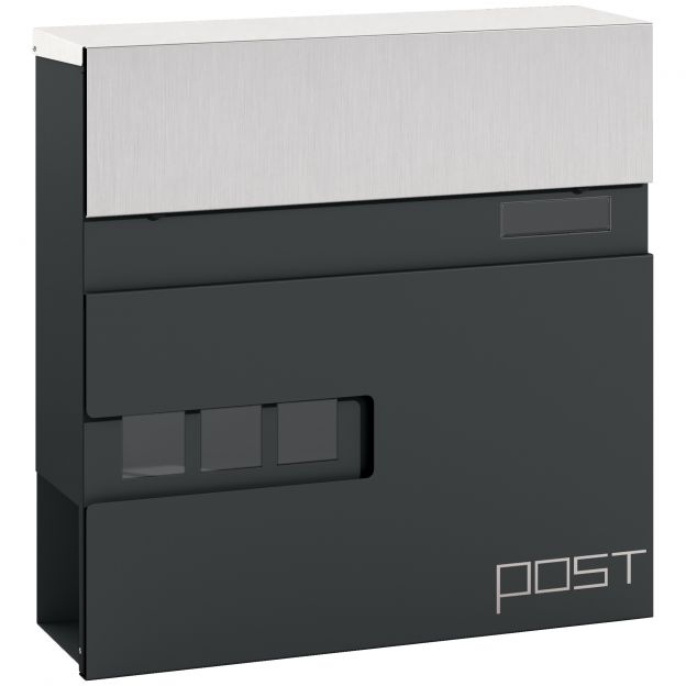 Terasest seinapostkast koos vaateakna, luku, vasktuumaga, postkast välitingimustesse, 37 x 10,5 x 37 cm, tumehall