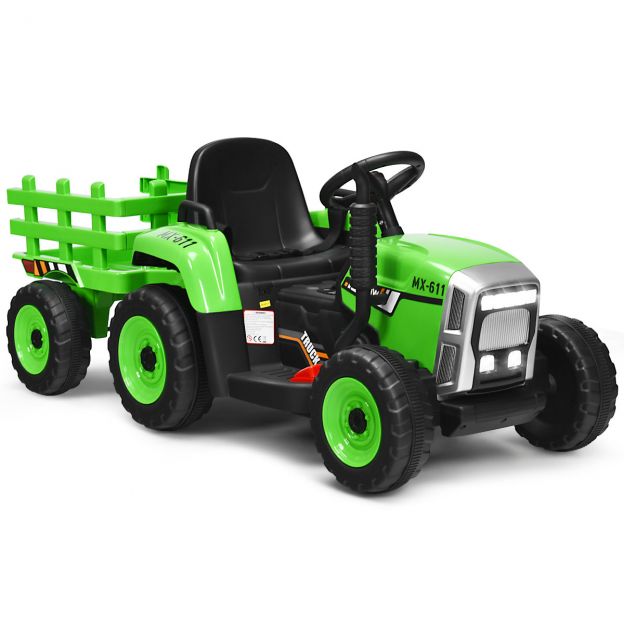 3-käiguline laste 12 V istmetraktor eemaldatava haagisega, LED-tulede, signaali ja USB-funktsioonidega, roheline