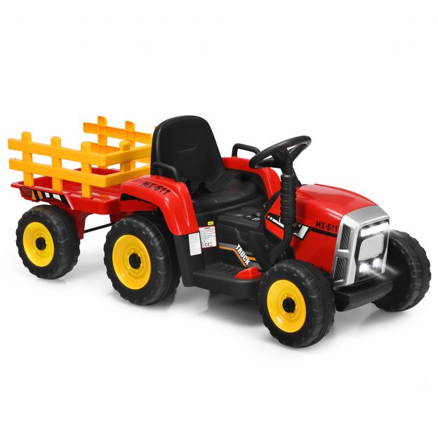 3-käiguline laste 12 V pealeistutav traktor eemaldatava haagisega, punane