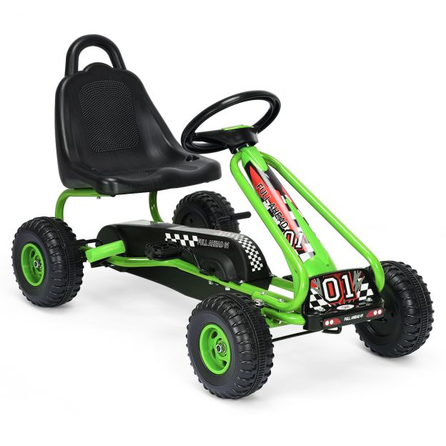 Pedaliga gokart reguleeritava istmega, 4-rattaline pedaalijõul liikuv sõiduk, 92 × 50 × 53 cm, roheline + must