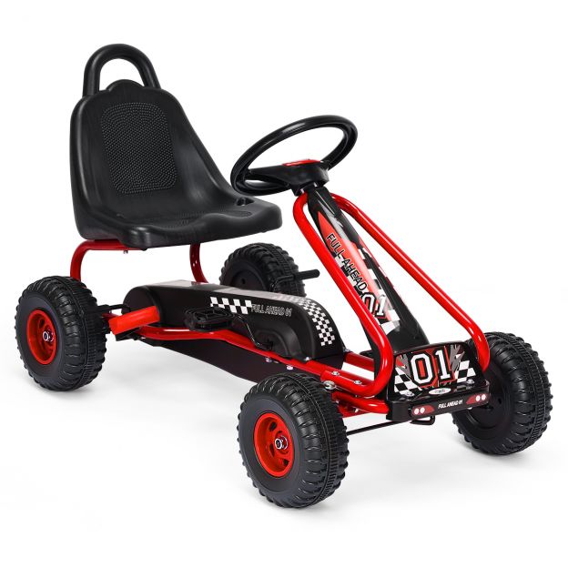 Gokart reguleeritava istme ja käsipiduriga, pedaalauto kuni 30 kg kandevõimega, punane