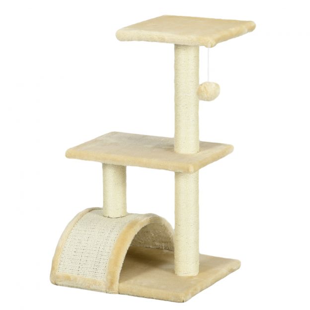 Kassipuu 72 cm kassitorn plüüsist pallidega, sisalpostid, platvorm, kraapimislaud mitmetasandiline kassikraapimispuu, ronimispuu, keskmise suurusega kassidele, kreemvalge