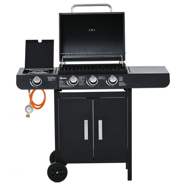 Gaasigrill BBQ grillkäru 3 põletiga ja 1 külgpõletiga, rõhuregulaator ja voolikud, multifunktsionaalne, teras must 110x50x100 cm.