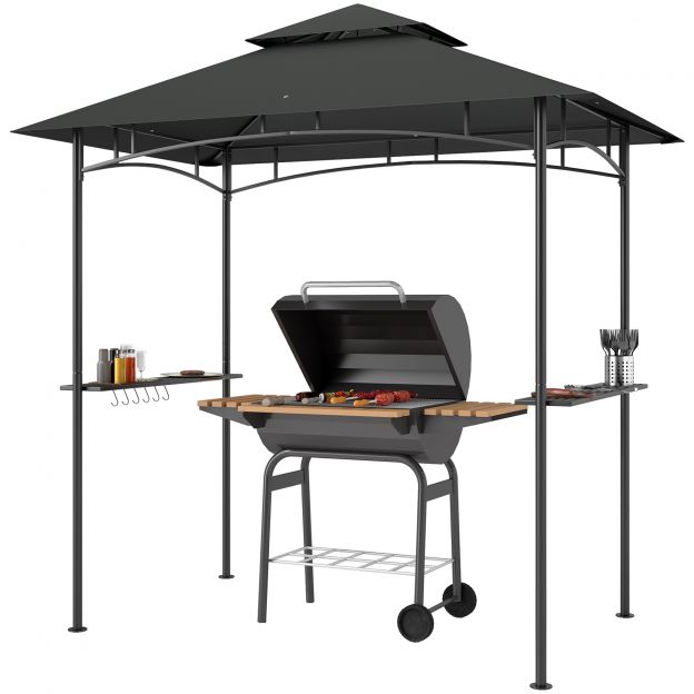 Grillpaviljon LED-iga 240 x 150 x 258 cm veekindel leegiaeglustav aiamajake kahekordse katusega, külgriiulitega, aiapaviljon UV-kaitsega, BBQ paviljon peo jaoks BBQ tumehall