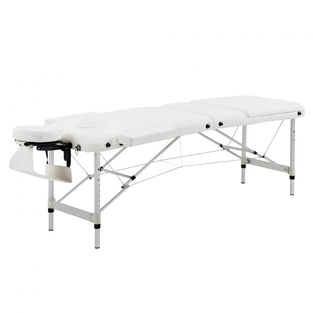 kokkupandav massaažilaud, kõrguse reguleerimisega, peapadjaga salongi ja spa jaoks, plastik & alumiinium, valge, 215 x 60 x 61-84 cm