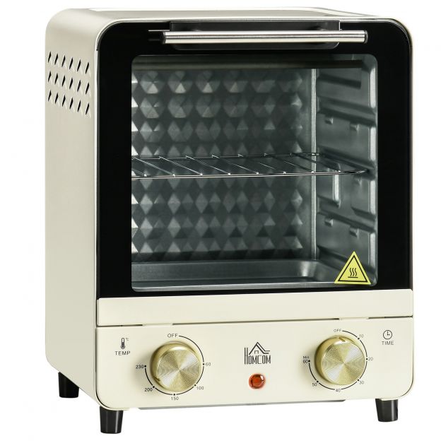 Miniahj 15L koos ventilaatoriga 1000W 60-230°C, 1-tunnine taimer, pitsaahi koos küpsetusplaadi ja puruplaadiga, kreemvalge.
