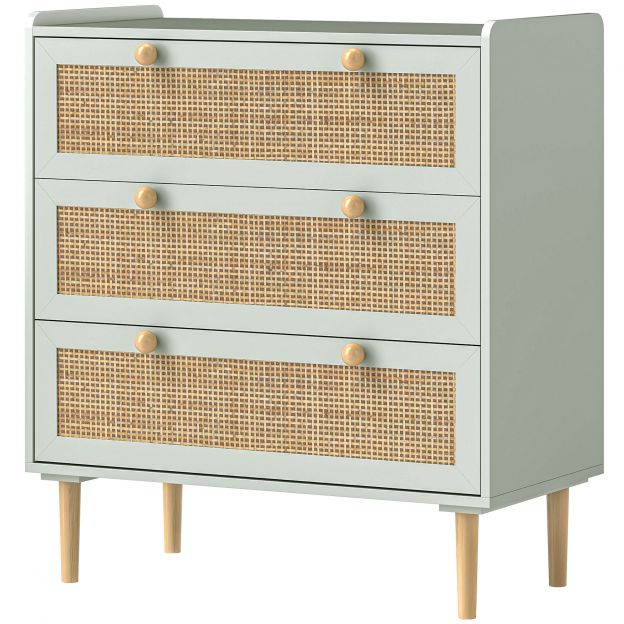 Kummut abikapp 3 sahtliga, boho-stiilis kummut, rotangist välimus, sahtlikapp elutuppa, magamistuppa, helesinine 80 x 40 x 87,5 cm