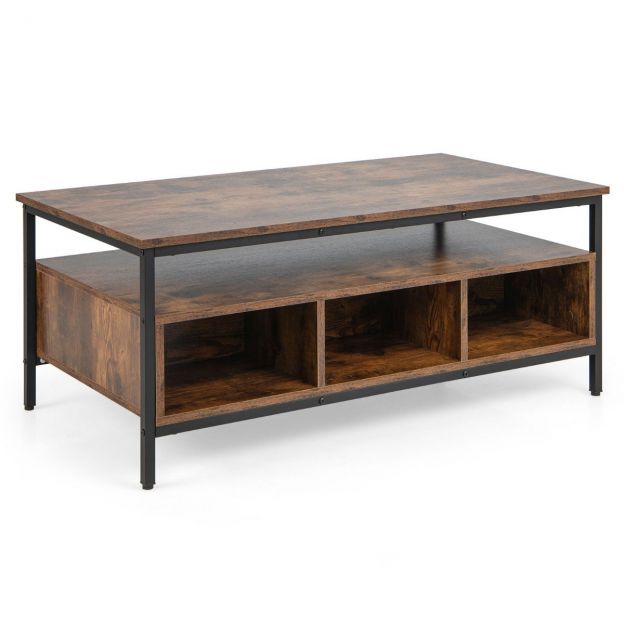 Puidust diivanilaud 3 tasemega, avatud riiuliga elutoalaud, 110 x 60 x 45 cm, industriaalstiilis