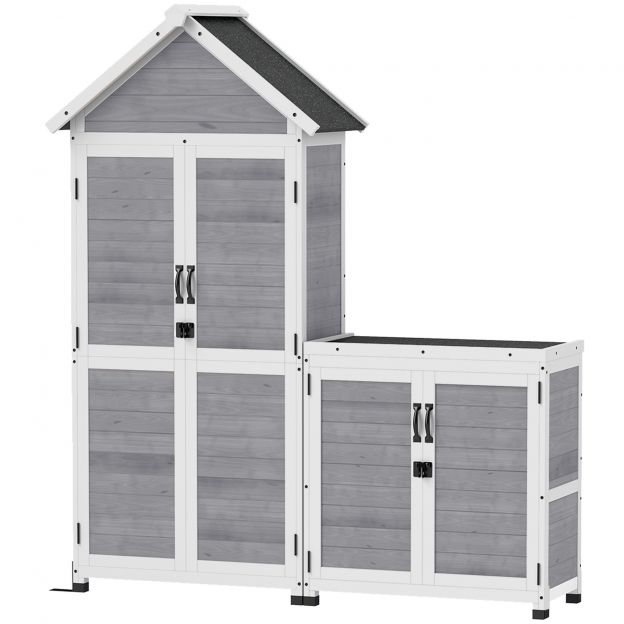 2-ühes puidust aiakapp, lukustatava uksega hoiukapiga tööriistakuur, viilkatus, riiul 89x51x182cm, ilmastikukindel tööriistakapp, aiakuur aeda, terrassile, helehall