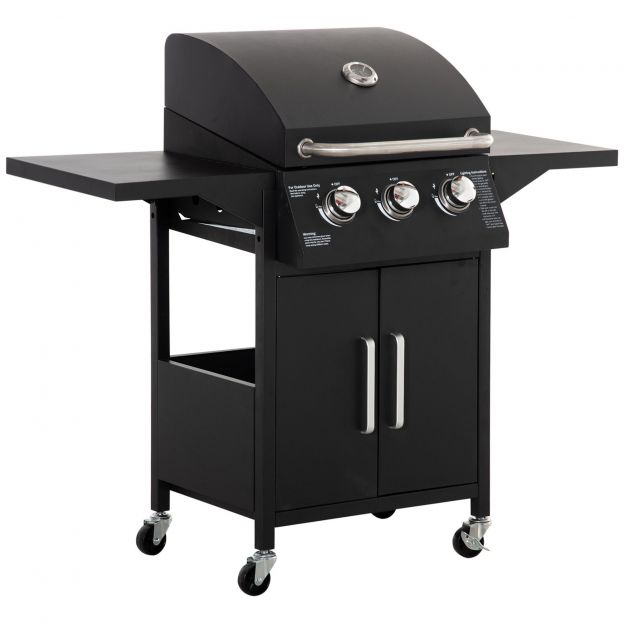 Gaasigrill BBQ 3 põletiga, 3 kW, ratastega mobiilne grillkäru, grillvõrk külglauad rõhuregulaator, voolikud 121 x 55 x 109 cm