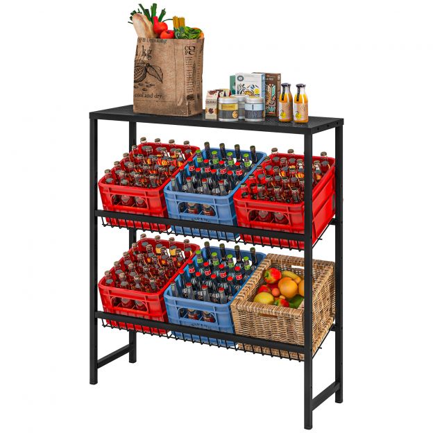Joogikastide riiul, iseseisev, 6 kasti jaoks, reguleeritava riiuli kõrgusega, 3 tasandit, libisemiskindel, 103 x 33 x 113,5 cm, must teras.