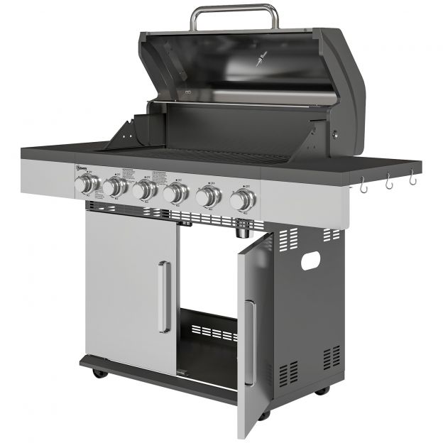 Gaasigrill 8500BTU grillkäru, sisaldab 6 roostevabast terasest põletit, rull, termomeeter, rõhuregulaator, gaasivoolik, kaas, külgriiulid, BBQ aedgrill rõdule, matkagrill 141 x 55 x 110 cm