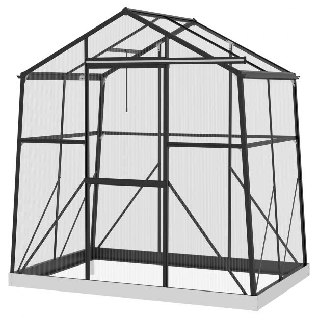 Alumiiniumist kasvuhoone 2,51 m² akna ja lükanduksega, must kasvuhoone vundamendiga 131x192x203cm aeda.