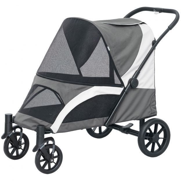 Koerakäru koerabuggy kokkupandav suurtele koertele ja kassidele kuni 30 kg kassibuggy padja, võrgakende, uste, hoiukoti, kassikäru turvarihmade, pidurite, buggy tumehall.