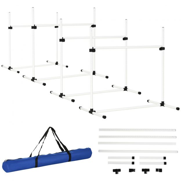 Agility takistuste komplekt koerte treeninguks 4 takistust slaalomipostid plastik valge 99x65x94cm aktiivseks koerte treeninguks.