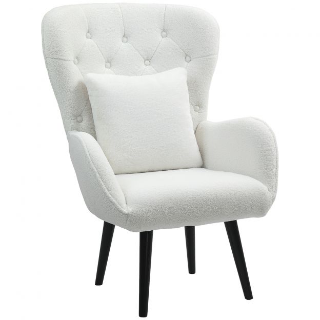 Tugitool, nimmepadjaga lounge-tugitool, polsterdatud teddy-tugitool puidust jalgadega, teemant-tufting-seljatoega, lõõgastustool elutuppa, magamistuppa, valge
