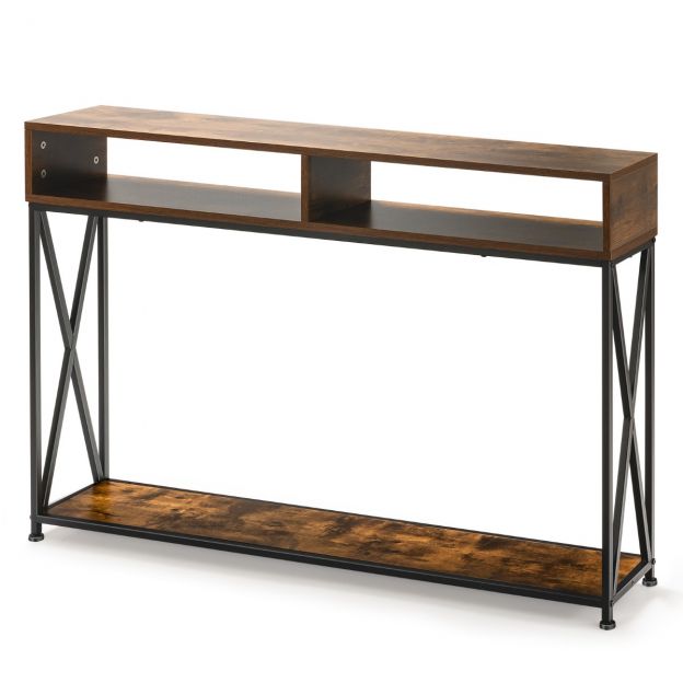 Pruun konsoollaud avatud riiuliga ja terasraamiga 120 x 23 x 79 cm