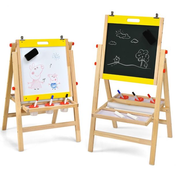 3-in-1 laste tahvel, kokkupandav, kõrguse reguleeritav puidust tahvel lastele 50,5 x 53,5 x 79–104 cm, naturaalne + kollane
