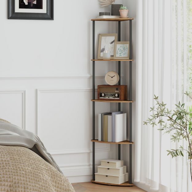 Ülikiire tööriistavaba kokkupanek, nurgariiul 5 tasemega, põrandariiul, riiul, 38,3 x 27 x 139 cm, elutuba, magamistuba, köök, vintagepruun LBC610K01