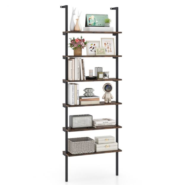 6-astmeline redeliga seinale kinnitatav raamaturiiul metallraamiga Rustic Brown