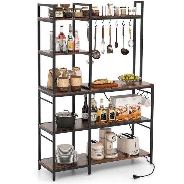 Köögiriiul põrandariiul pistikupesadega, 5 taset, mikrolaineahjuriiul riiulitega, 107 × 37 × 160 cm, rustikaalne pruun