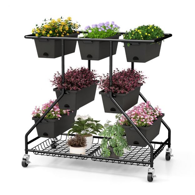 Lillealus lillekastidega, ratastega lilletrepp 100 × 56 × 99 cm must