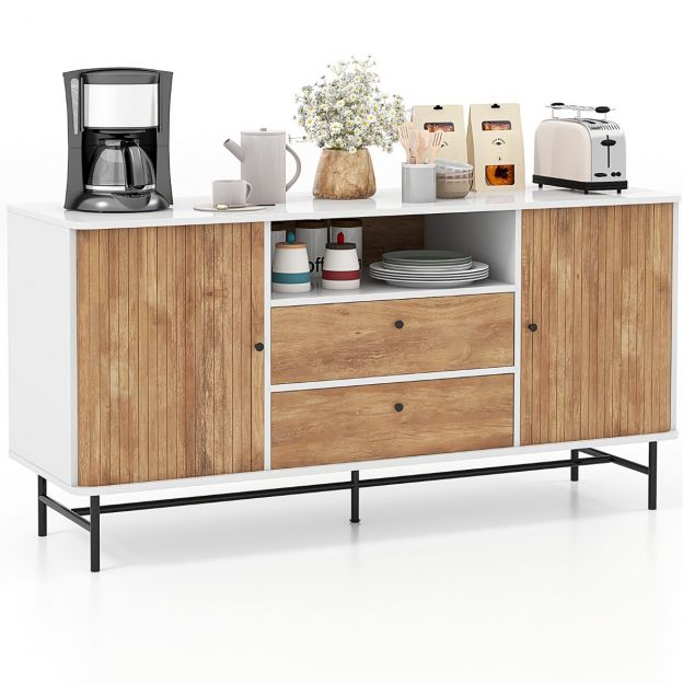 Modernne buffet-sideboard kohvibaar mid-century stiilis liugustega, 150 x 45 x 74 cm, valge + tamm
