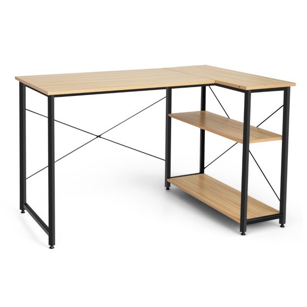 L-kujuline kirjutuslaud, nurgaga arvutilaud hoiuriiulitega, kontorilaud 120 x 88 x 74,5 cm naturaalne