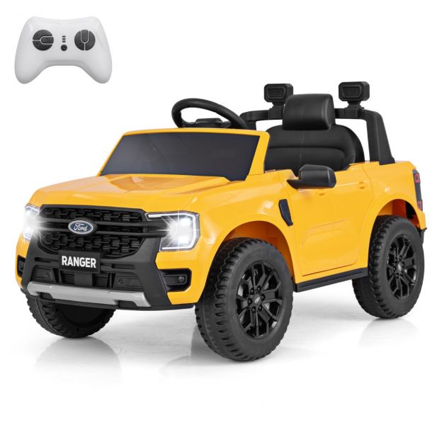 Laste elektriauto Ford 12V, kaugjuhtimispuldi, hoiukorvi, USB ja muusikaga, kollane