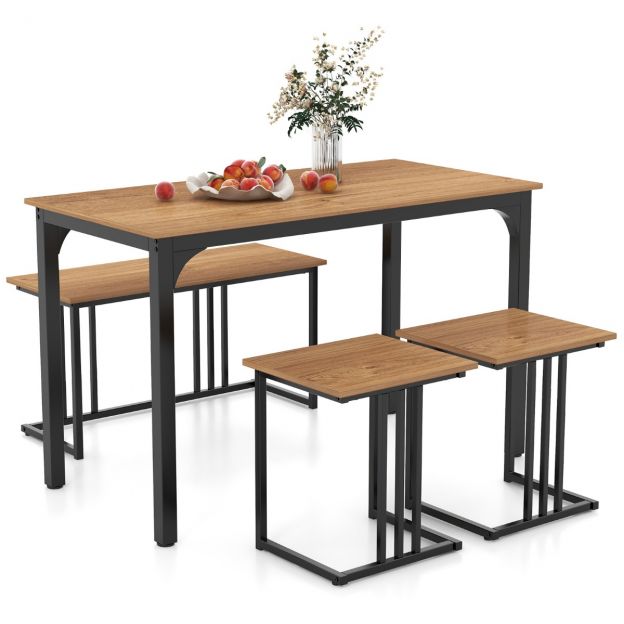 Söögilaud pingiga ja 2 taburetti, 4-osaline komplekt, industriaalne söögigrupp kööki, 120 x 60 x 75 cm, naturaalne