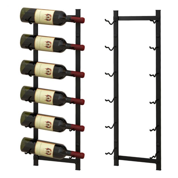 Seinale kinnitatav veiniriiul 6 veinipudelile, metallist pudelihoidja, 22 x 13,5 x 73 cm, must