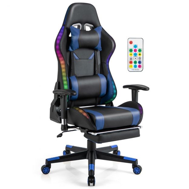 RGB-LED-tuledega mänguritool ja väljatõmmatava jalatoega ergonoomiline kontoritool, sinine